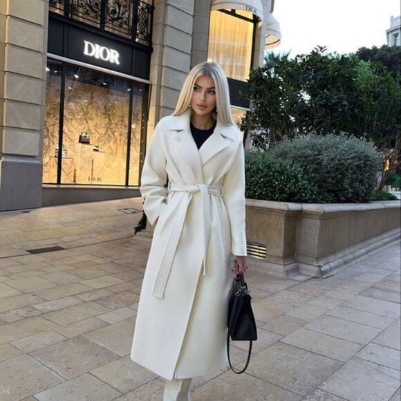 NWT White Australian Wool Blend Classic Belted Long Winter Wrap Coat - Picture 10 of 10